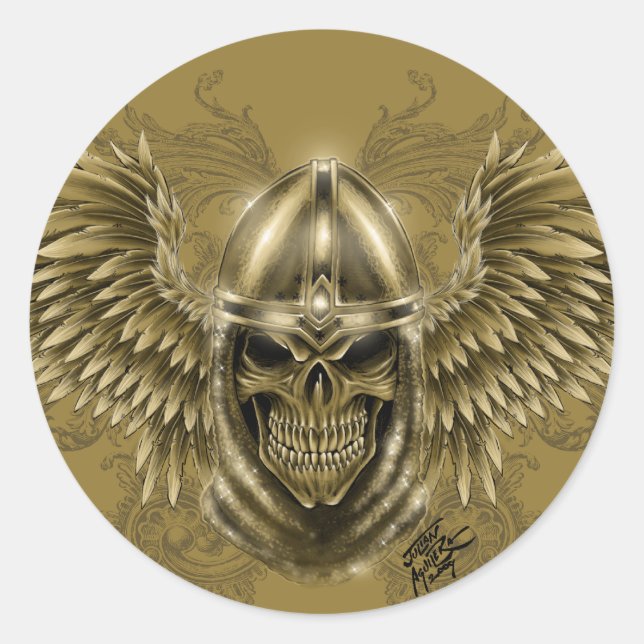Templar Knight Gothic Mediaeval Skull with Wings Classic Round Sticker (Front)