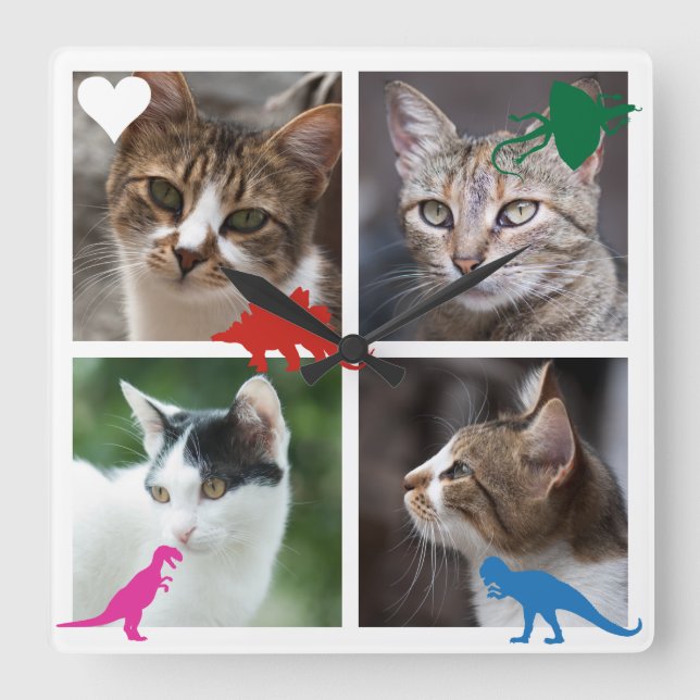 Template 4 Photo Collage Dinosaur Toy Set Square Wall Clock (Front)