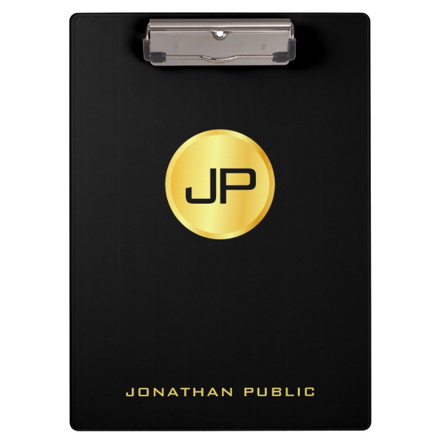 Template Black And Gold Monogram Modern Elegant Clipboard (Front)