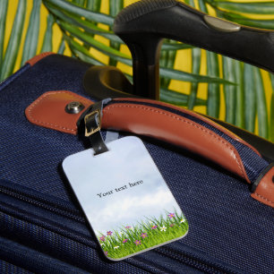 Template, blue sky and meadow of flowers, luggage tag