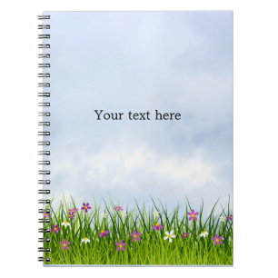 Template, blue sky and meadow of flowers, notebook