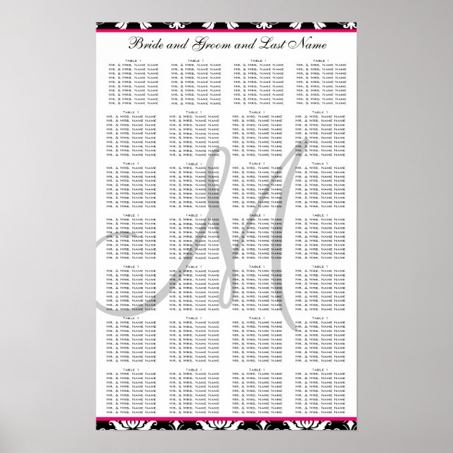 Template Damask Pink Wedding Seating Plan Chart (Front)