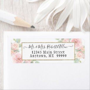 TEMPLATE Elegant Gold Script Pink Rose n Greenery Return Address Label