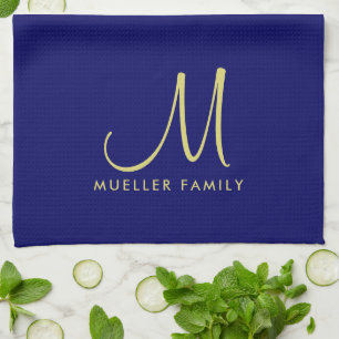 Template Gold Monogram Family Name Navy Blue Tea Towel