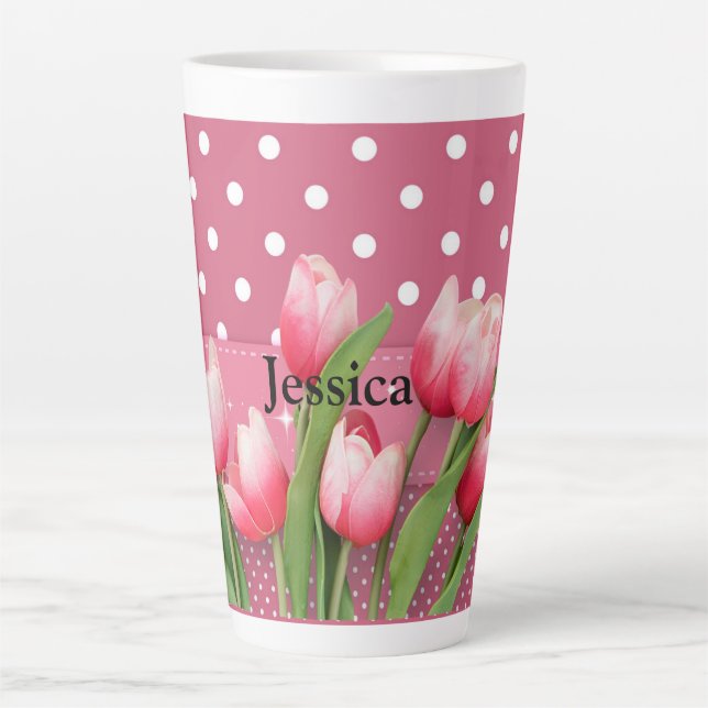 Template: ink tulips, pink and white polka dots latte mug (Front)