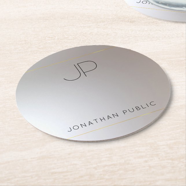 Template Modern Elegant Monogram Gold Silver Round Paper Coaster (Angled)