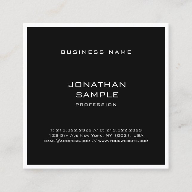 Template Modern Sleek Elegant Black White Minimal Square Business Card (Front)