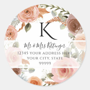 TEMPLATE Monogram Return Address Floral Blush Classic Round Sticker