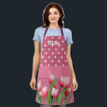 Template Pink Tulips on Pink and White Polka Dots  Apron<br><div class="desc">Template - Pretty pink tulips on pink and white polka dots... ready to customise... white text.</div>