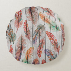 Template seamless pattern with colour feathers. Fr Round Cushion