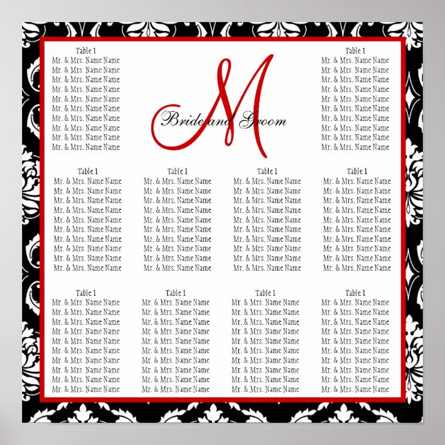 Template Wedding Seating Chart Damask Red (Front)