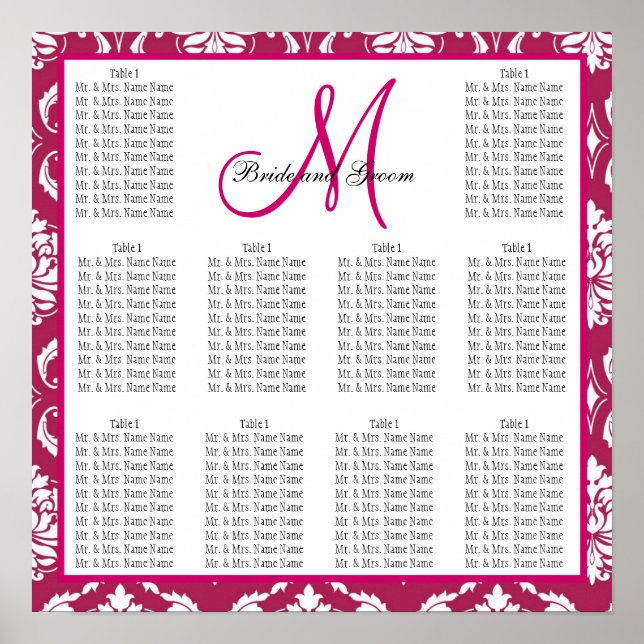 Template Wedding Seating Chart Fuchsia Pink Damask (Front)