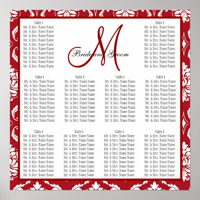 Template Wedding Seating Chart Red Damask (Front)