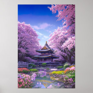 Temple Surrounded by Sakura Trees Poster