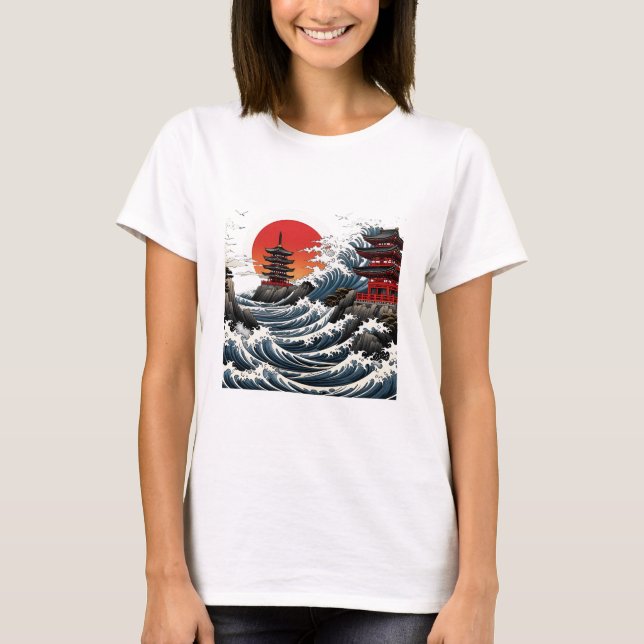 Temple Wave Art - Ukiyo-e Japanese Sunset Design T-Shirt (Front)