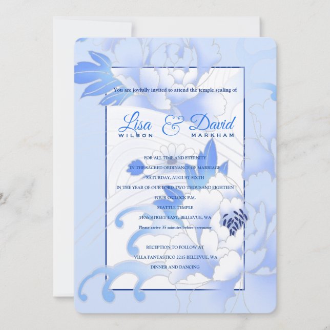 Temple Wedding & Reception Invite-Blue Peonies Invitation (Front)