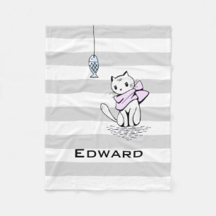 Tempted White Cat & Fish Fleece Blanket