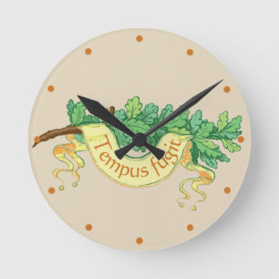 Tempus fugit scroll Latin quote "time flies" Round Clock