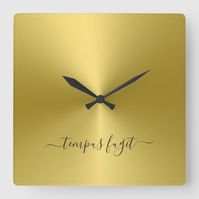 Tempus Fugit Yellow Gold Metallic Style Acrylic Square Wall Clock (Front)
