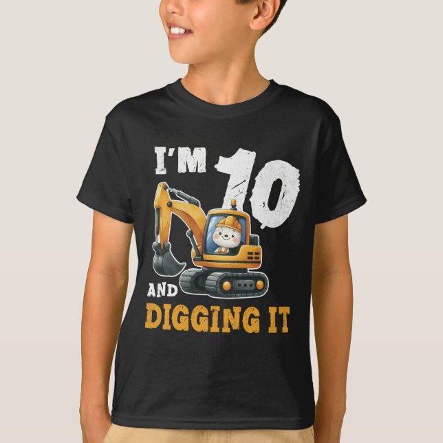 Ten 10yr Birthday Construction Excavator Boy T-Shirt (Front)