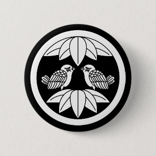 Ten bamboo leaves & facing sparrows in circle 6 cm round badge