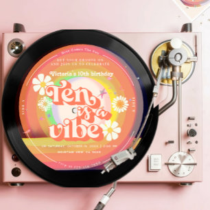 Ten is a Vibe Groovy Retro Vinyl Rainbow Daisy Invitation