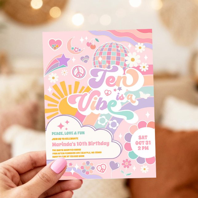 Ten Is A Vibe Retro Groovy Daisy 10th Birthday Inv Invitation (Creator Uploaded)