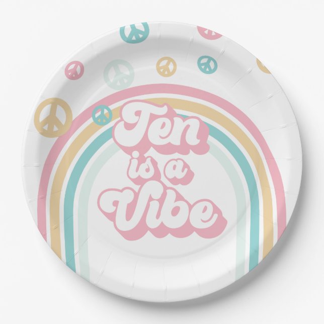 Ten is a Vibe Retro Summer Rainbow Paper Plate (Front)