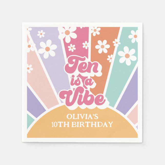Ten is a Vibe Retro Sunshine Rainbow Daisy Napkin (Front)