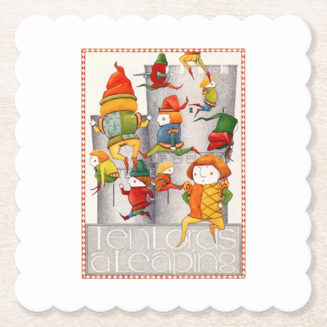 TEN LORDS A LEAPING Scalloped Square Paper Coaster (Front)