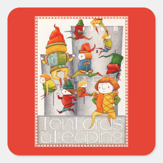 TEN LORDS A LEAPING Small Square Stickers - Red (Front)