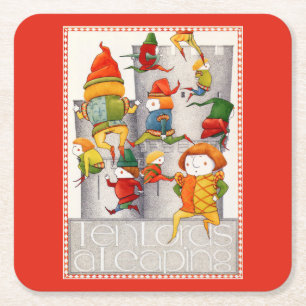 TEN LORDS A LEAPING Square Paper Coasters - Red