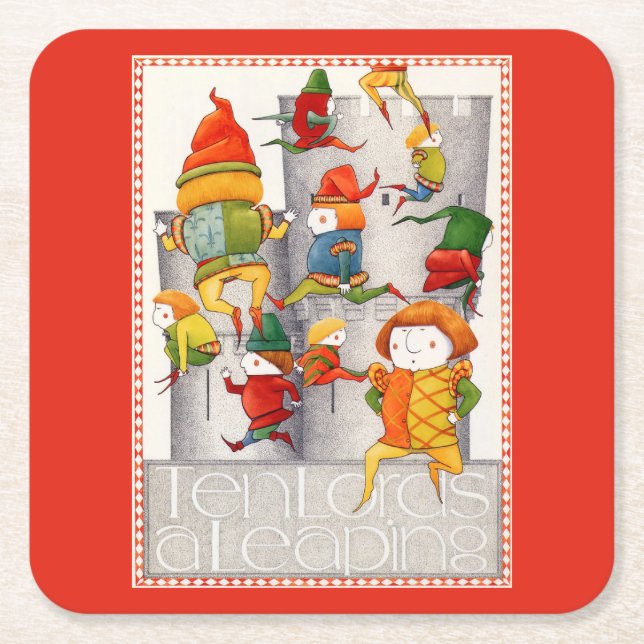 TEN LORDS A LEAPING Square Paper Coasters - Red (Front)