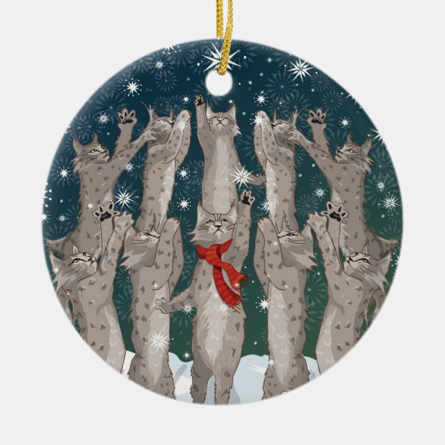 Ten Lynx a-Leaping double-sided ceramic ornament (Front)