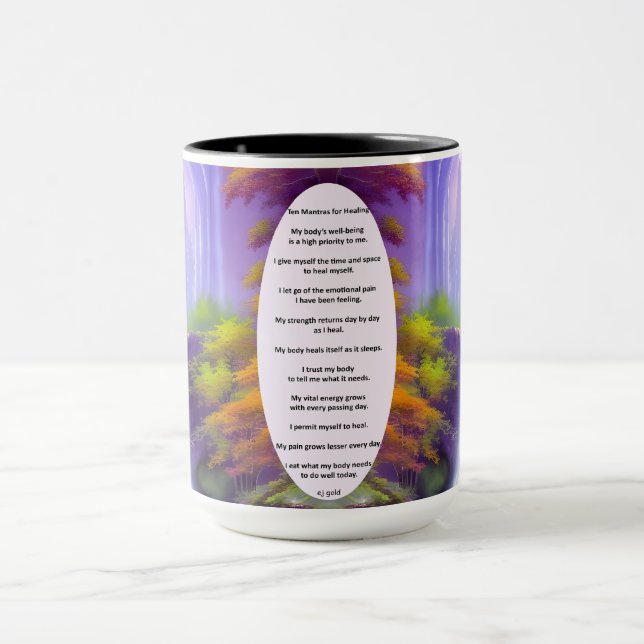 Ten mantras for healing waterfall coffee mug (Center)