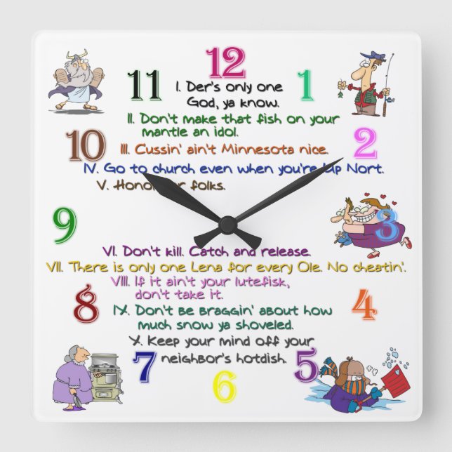 Ten Minnesota Commandments Square Clock (Front)