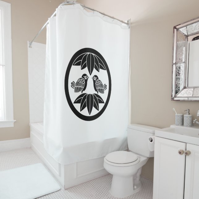 Ten-sasa facing sparrow in a medium circle shower curtain (In Situ)