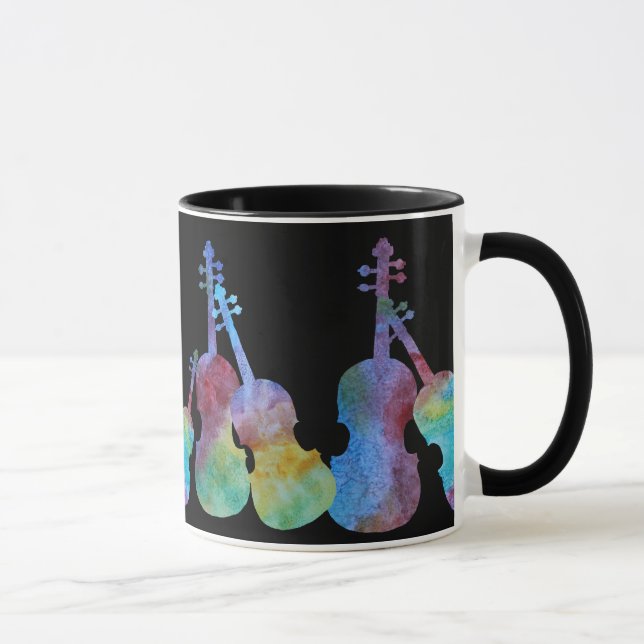 Ten Vibrant Violins on Black Mug (Right)