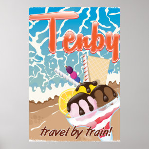 Tenby Pembrokeshire ice cream cartoon travel Poster