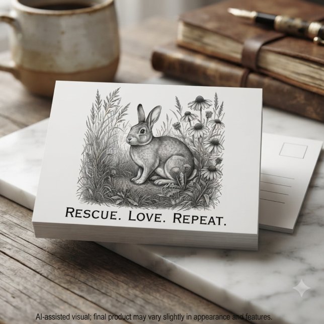 Tender Charcoal Sketch Rabbit Rescue Postcard (Charcoal rabbit sketch postcard for rescue advocates and animal shelter volunteers.)