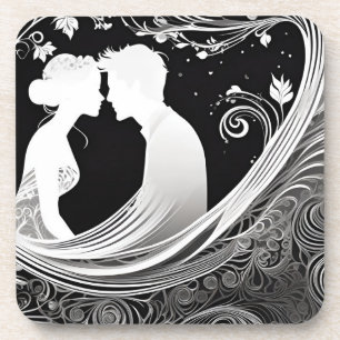 Tender Kiss White & Black Silhouette Love Coaster