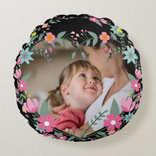 Tender Mother And Child In Floral Wreath Frame Round Cushion