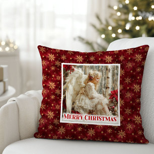 Tender Red and Gold Victorian Angel Christmas Cushion
