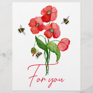 Tender scarlet poppy flower and bumblebees custom letterhead