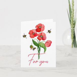 Tender scarlet poppy flower and bumblebees note card