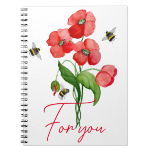 Tender scarlet poppy flower and bumblebees notebook