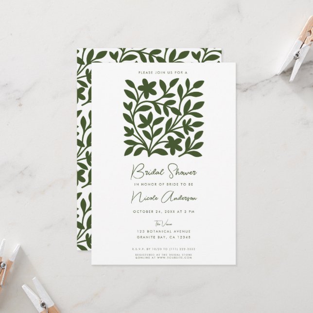 Tendril Garden Green Vine Floral Bridal Shower   Invitation (Front/Back In Situ)
