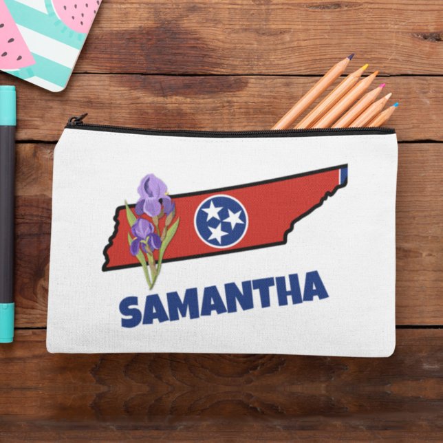 Tennessee Flag & Flower Purple Iris Custom Text Accessory Pouch (Creator Uploaded)
