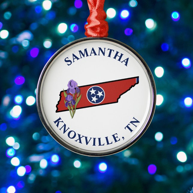 Tennessee Flag & Flower Purple Iris Custom Text Metal Ornament (Creator Uploaded)