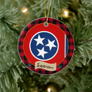 Tennessee, Red buffalo plaid & Tennessee Flag Ceramic Ornament